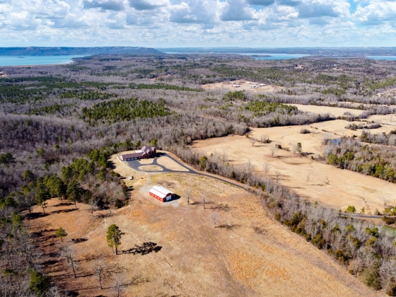 Aerial view with Greers Ferry Lake in background